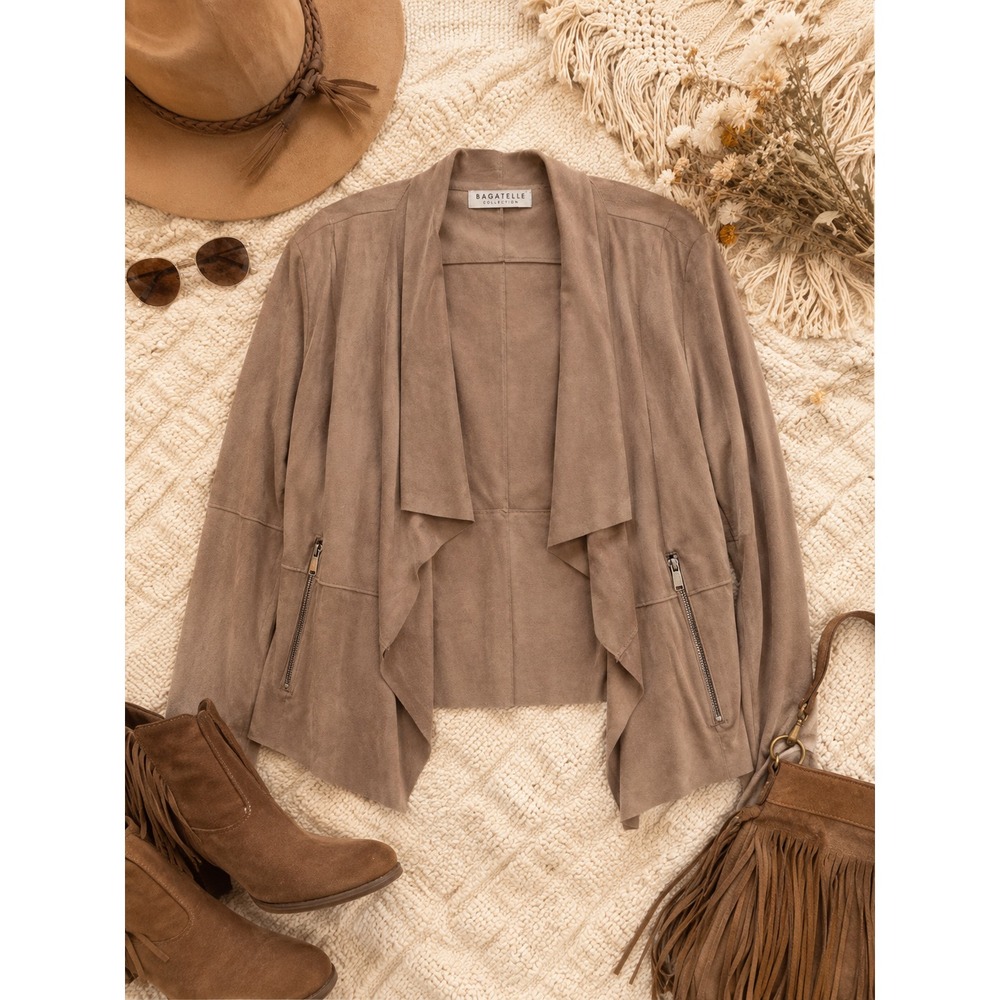 Women's Bagatelle Drape Front Faux Suede Long Sleeve Jacket, Taupe, Size XL